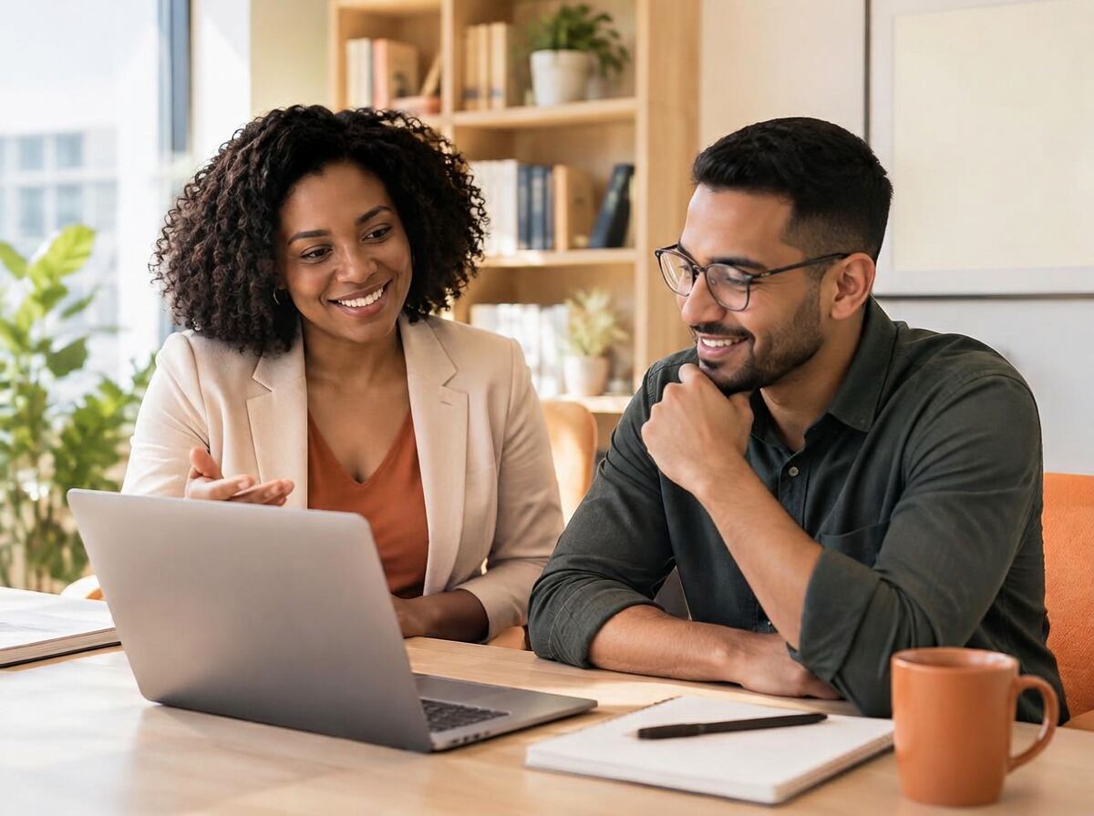 A friendly career coach talking through next steps with an employee over a laptop and notebook