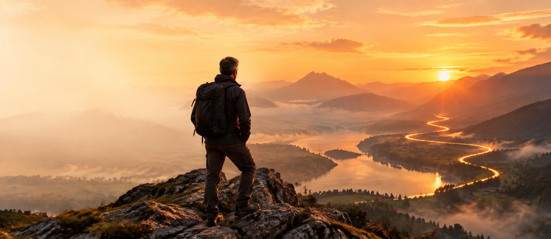 A man with a backpack looks out over a valley at sunset, a glowing path leading ahead