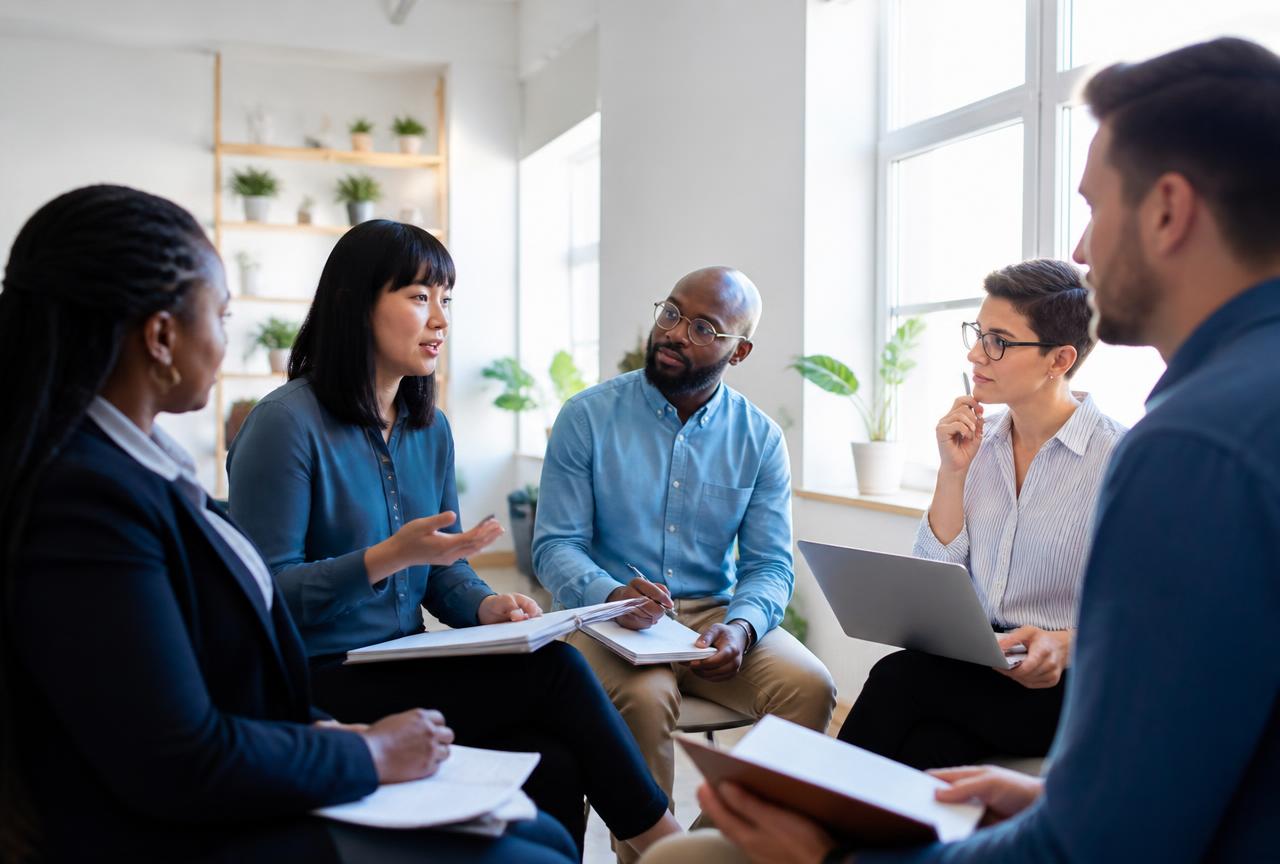 Professionals in a bright room during a ConnectAgain-style career workshop